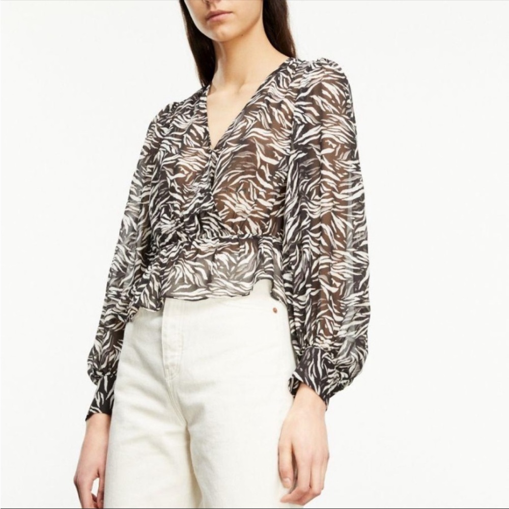 The Kooples Zebra Flowing Black white silver blouse wrap top